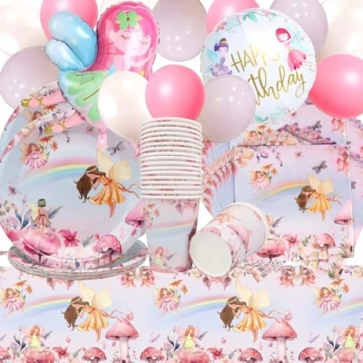 Immagine di Doyomtoy 75Pcs Set di Stoviglie per Festa delle fate,Fata Decorazioni,Set la della Farfalla Piatti Tazze Tovaglioli Tovaglie Fata Decorazioni Feste 20 ospiti