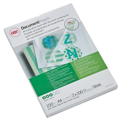 Immagine di GBC Pouch Confezione da 100 Buste per Plastificazione a Caldo, con Finitura Lucida, in Formato A4, Spessore di 2 x Micron, 216 303 mm, 3740306