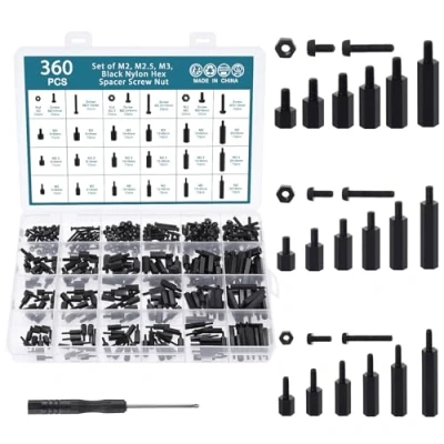 Immagine di HSeaMall, Kit assortito di distanziatori esagonali in nylon nero, M2, M2.5, M3, con viti e dadi, 360 pezzi, da maschio a femmina