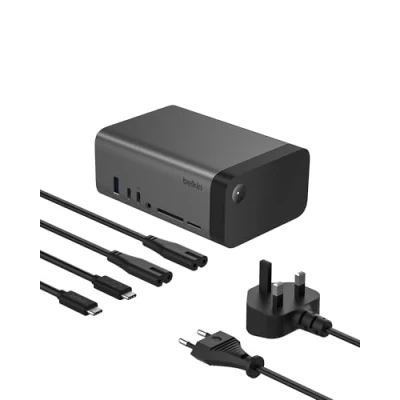 Immagine di Belkin Hub USB C, Dock 11 in 1 GaN C da 150 W Pro, docking station multiporta, porte A, Ethernet, SD, MicroSD, 3,5 mm, HDMI 4K per 3 display Compatibile con MacBook Pro e altri