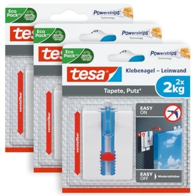 Immagine di Tesa Carta da parati e intonaco adesivo in confezione 3 pezzi, regolabile altezza, chiodi autoadesivi, ideali per tela telaio, capacità di 2 kg, rimovibile senza lasciare traccia, x