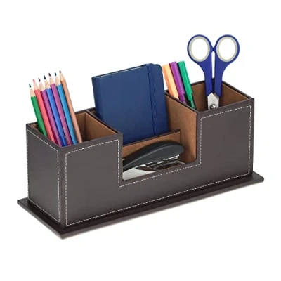 Immagine di Relaxdays Organizer da Scrivania Ufficio, 4 Scomparti Porta Matite, Portapenne in Similpelle, HLP 11x29,5x11 cm, Marrone, Poliestere