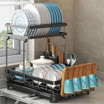 Immagine di ZUMLLOMA Scolapiatti da Appoggio per Lavello a 2 Livelli Nero, in Acciaio Inox, Grande Antiruggine con Vassoio Estraibile