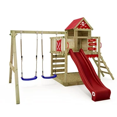 Immagine di gioco da giardino WICKEY Smart Cave con altalena e scivolo rosso, struttura esterno per bambini sabbiera, scaletta accessori