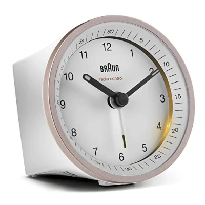 Immagine di Braun Classic Radio Controlled Analogue Alarm Clock For Central European Time Zone (DCF/GMT+1) With Snooze And Light, Quiet Movement, Crescendo Beep Pink/White BC07PW DCF