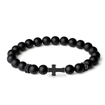 Immagine di COAI Bracciale Elastico Unisex con Perle in Onice Opaco e Amuleto Croce