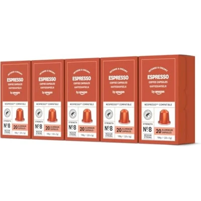 Immagine di by Amazon Capsule Caffè espresso compatibili con Nespresso, tostatura chiara, 100 unità, 5 confezioni da 20 Certificato Rainforest Alliance