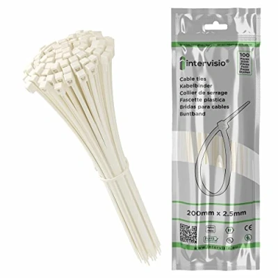 Immagine di Intervisio Fascette Plastica per Cablaggio 200 mm x 2.5 mm, Fermacavo Bianche, Elettricista 200mm Nylon Cavi Stringicavo, Bianco, 100 pezzi