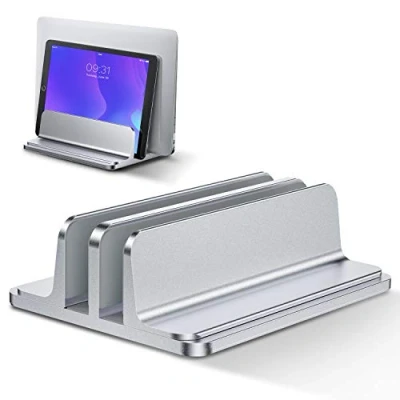 Immagine di Bewahly Supporto Verticale per Laptop, Salvaspazio PC Portatile in Alluminio, Regolabile Doppio Slot Porta MacBook PRO/Air, iPad, Notebook, Laptop Stand (Argento)