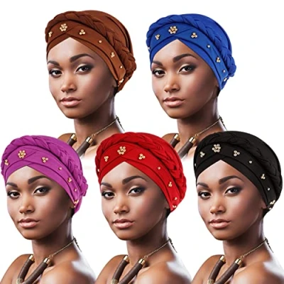 Immagine di DRESHOW Donna Africane Turbante Pre Legato Copricapo a treccia Testa Avvolge Cappello Boho Chemio Cap Elastico Annodato Berretto