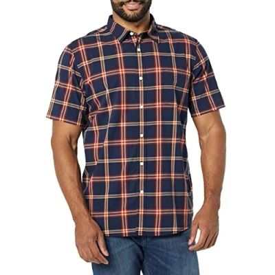 Immagine di Amazon Essentials Camicia in Popeline a Maniche Corte Slim Uomo, Blu Marino Rosso Motivo Scozzese, S