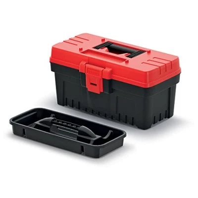 Immagine di Cassetta degli attrezzi con manico ergonomico, coperchio robusto, chiusure a morsetto in ABS (360 x 193 186 mm, nero/rosso)