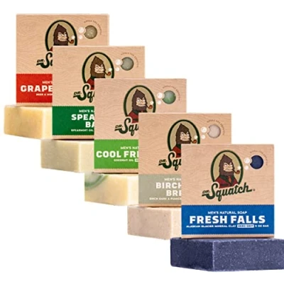 Immagine di Dr. Squatch Saponetta tutta naturale per uomo, confezione da 5 barrette Birchwood Breeze, Cool Fresh Aloe, Falls, Grapefruit IPA, Spearmint Basil