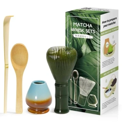Immagine di Kit da Cerimonia giapponese Matcha 4 Pezzi, Frusta Verde in Resinoso, Cucchiaio Bambù, Paletta Porta Frullino, Set per la bevanda Blu caffè sfumato