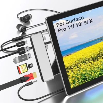 Immagine di Surface Pro 9 Docking Station, accessori per 11/10/9/X Dock Hub Doppio monitor con 4K HDMI,USB C Thunderbolt 4, ricarica PD 100W, 2X USB3.0, lettore di schede SD/TF, jack audio da 3,5 mm
