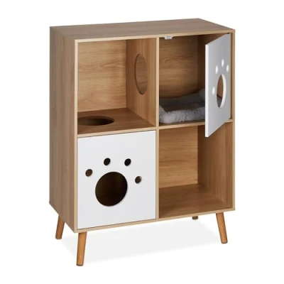 Immagine di Relaxdays Cat Cabinet with 4 compartments Mobile da Lettiera, Mobiletto con Scomparti, Comodino Cuccia per Gatti, HLP: 96x75x40cm, Bianco Naturale, 70% 20% Fibra 10% Legno