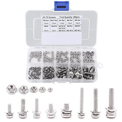 Immagine di Akozon 160pz Viti a Testa Piatta in Acciaio Inossidabile M2 M2.5 M3 M4 M5 e Dadi Kit di Assortimento Pan Head SS304