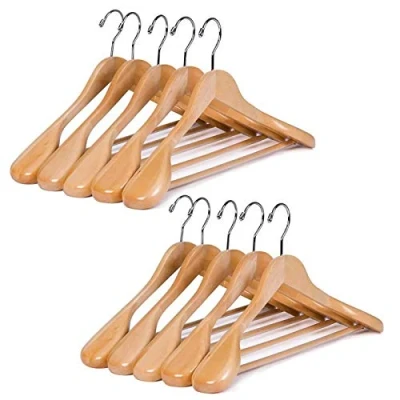 Immagine di Grucce Appendiabiti in Legno con Manico di L&#039; Albero guger, Extra Ampia Spalla Tuta Appendiabiti, per Cappotto e Pantaloni, Finitura Retro, Colore: Naturale