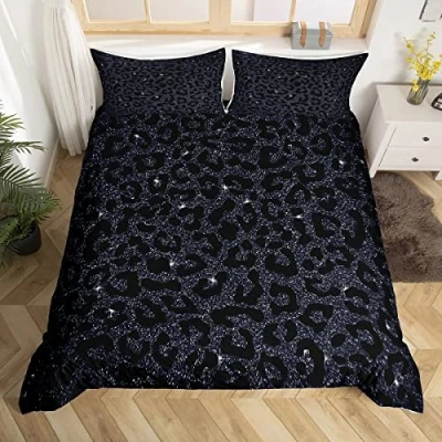Immagine di set copripiumino con stampa leopardata glitter ghepardo e di biancheria da letto per bambini ragazzi ragazze animali selvatici in microfibra geometrico copriletto nero
