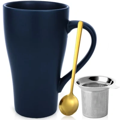 Immagine di Arawat Big Mug 500 ml Tazza da tè con Coperchio e colino caffè in Ceramica Cucchiaio sottobicchiere Bige Regalo di Compleanno