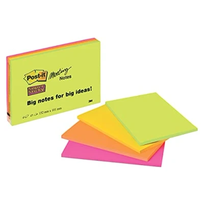 Immagine di Post it Foglietti Super Sticky Grandi Formati, Confezione da 4 blocchetti, 45 Fogli per blocco, 152 mm x 101 mm, Colori Verde, Giallo, Arancione, Rosa, Appunti, Elenchi &amp; Promemoria