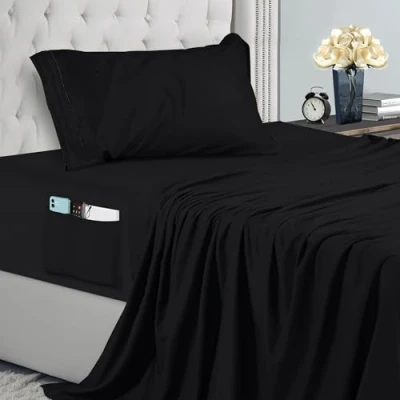 Immagine di Utopia Bedding Set Lenzuola Ricamate 4 Pezzi 90x190 Microfibra Di Poliestere Lenzuolo Con Angoli Tasche Portaoggetti, Piatto e 1 Federa (Singolo, Nero)