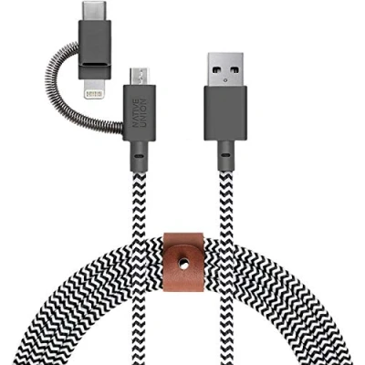 Immagine di Native Union BELT Cable Universal Cavo di Ricarica Rinforzato [Certificato MFi] Ultra Resistente da 2 Metri con Adattatore 3 in 1 per Dispositivi Lightning, USB C e Micro (Zebra)