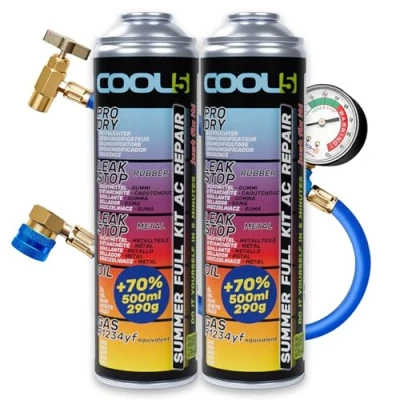 Immagine di COOL5 R1234yf kit ricarica, gas refrigerante per veicoli prodotti dopo il 2017, 2 lattine 5 in 1 + tubo di pressione con manometro APC