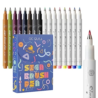 Immagine di GC QUILL Penna calligrafica 16 colori di penne fudenosuke con punta a pennello, set calligrafia per principianti, lettering, scrittura, disegno, colorazione, bullet journal SB16