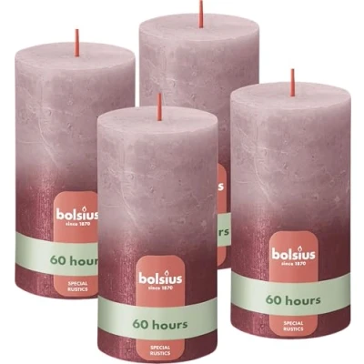 Immagine di Bolsius Candele Rustiche a Colonna Metallizzate 13 x 7 cm Rosa Cenere e Rosso Confezione da 4 Lunga Durata Decorazione per Interni Include Cera Vegana Naturale Senza Olio di Palma
