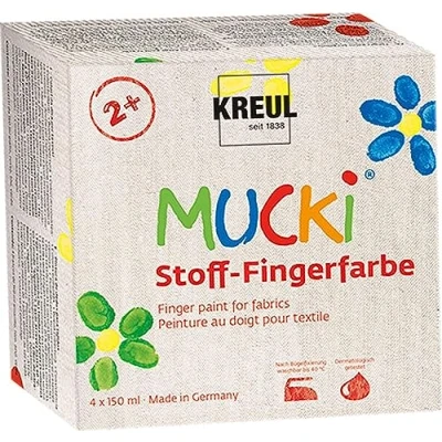 Immagine di KREUL 28400 Mucki Set di 4 barattoli colori tessili per dita 150 ml Vernice vegana a base d&#039;acqua senza parabeni, glutine e lattosio