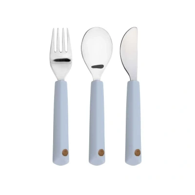 Immagine di LÄSSIG Set di posate per bambini 3 pezzi forchetta, cucchiaio, coltello in acciaio inox con manico silicone/Cutlery with Silicone Handle Happy Rascals Smile sky blu