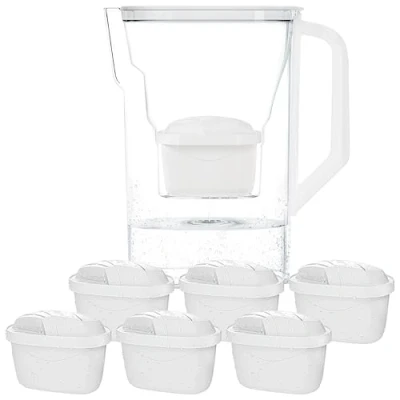 Immagine di Wessper Caraffa Filtrante con Filtri, per Frigorifero da 2,7 Litri, Cartucce Acqua Carbone Attivo e Rresina a Scambio Ionico, Caraffe set di 6 Filtro Bianco