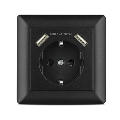 Immagine di Kaifire presa USB, da incasso con connettore USB (max.3.4 A), sistema 55 bianco puro, cornice Schuko, set completo parete per smartphone, tablet MP3, nero