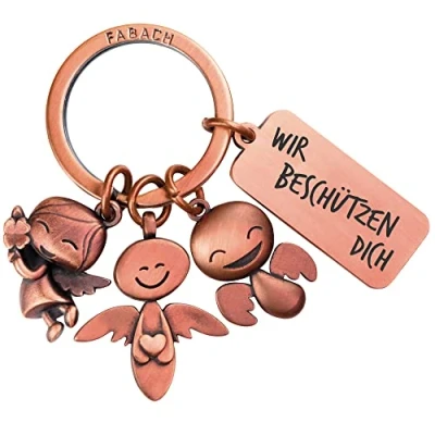 Immagine di FABACH portachiavi con angelo custode, 3 angeli incisione, per auto, in metallo, automobilisti, idea regalo portafortuna, patente di guida dell&#039;auto, ti proteggiamo, Oro rosa