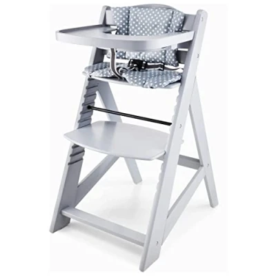 Immagine di Moby System Seggiolone in Legno per Bambini, Altezza Regolabile, con Vassoio e Cuscino, Cintura di Sicurezza a 3 Punti, Massello, Colore: Grigio