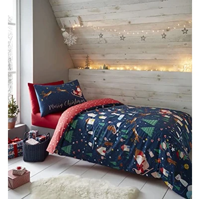 Immagine di Catherine Lansfield Kids Bedding Set copripiumino king size con federe, motivo: Babbo Natale, colore: blu navy