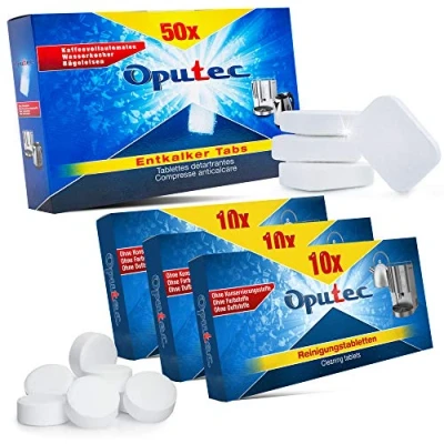 Immagine di Oputec Set di pulizia per macchine da caffè automatiche 50 pastiglie disincrostanti + 30 Pasticche sgrassanti Compatibile con tutte le caffè: Miele Delonghi Senseo Siemens Saeco