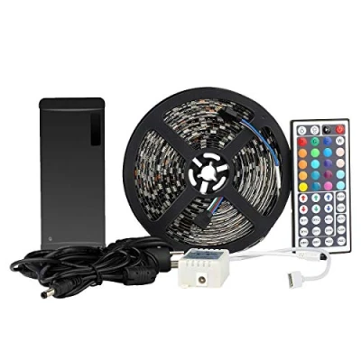 Immagine di EPBOWPT, striscia LED rgb, SMD 5050, 300 LED, IP65, impermeabile, 5 m, funzione di cambio colore, telecomando a infrarossi con 44 tasti + alimentatore rete europeo da 12 V, Black PCB, 2G10