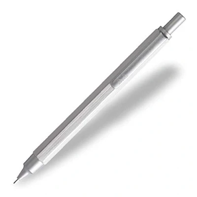 Immagine di RHODIA 9391C Porta mine scRipt Corpo esagonale in alluminio spazzolato Argentoo per grafite standard 0,5 mm, Fusto acciaio retraibile, Gomma sotto il Pulsante Collezione