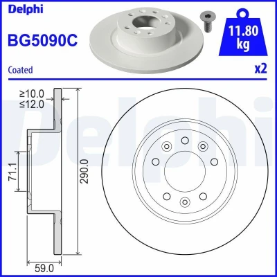 Immagine di DELPHI BG5090C Disco freno 290 12 5 pieno rivestito non trattato senza cuscinetto ruota, anello sensore ABS PEUGEOT: 508 I SW