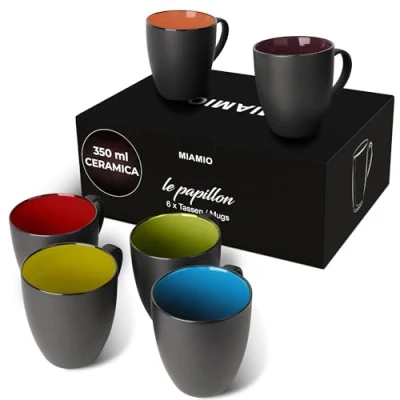Immagine di MIAMIO 6 x 350 ml Pezzi per Colazione/Set di Tazze da Caffè Le Papillon Collezione (Nero Multicolore)