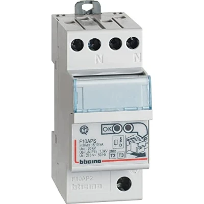 Immagine di Bticino F10AP2 Serie BTDIN Limitatore Sovratensione SPD Autoprotetto, 2 Poli, in 10Ka, 250 V, Grigio