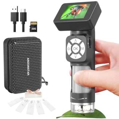 Immagine di Andonstar AD112 microscopio tascabile portatile, per bambini e adulti, con schermo LCD da 2&quot;, mini digitale portatile 8 luci LED regolabili, compatibile PC Windows, scheda SD