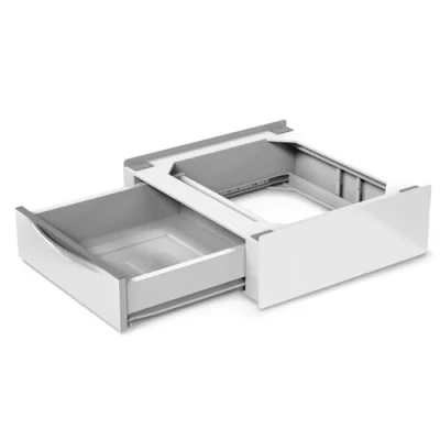 Immagine di Meliconi Base Torre Extra L60, Kit di Sovrapposizione Lavatrice Asciugatrice Universale, Supporto Premontato con Cassetto da 28 L, Cinghia Sicurezza Inclusa, Portata 250 Kg, Bianco
