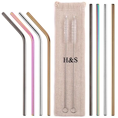 Immagine di H&amp;S Cannucce Riutilizzabili in Metallo Set da 8 Pezzi Kit Cannuccia Riutilizzabile Acciaio Inox con 2 Scovolini per la Pulizia e Custodia il Trasporto Inclusi