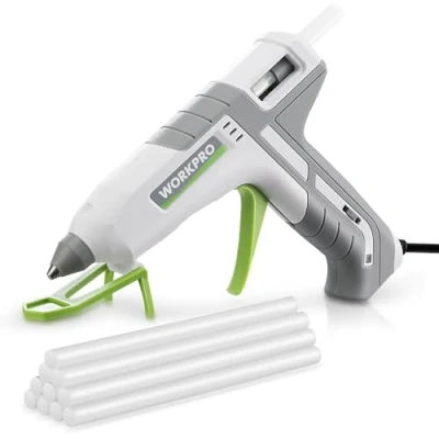 Immagine di WORKPRO Pistola per Colla a Caldo con 10 Stick, Riscaldamento Rapido 90s, Due Modalità di Temperatura, Incollaggio 9 12 g/min, Supporto 3 Punti, Ideale Fai da Te e Riparazioni, Grigio Bianco