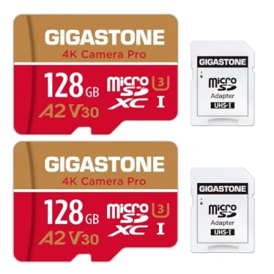 Immagine di [5 Anni Recupero Dati Gratuito] Gigastone Scheda di Memoria 128 GB Set 2 Carte, 4K Fotocamera Pro, Compatibile con GoPro Switch, Velocità 100 MB/s. Micro SDXC A2 U3 V30 adattatore SD.