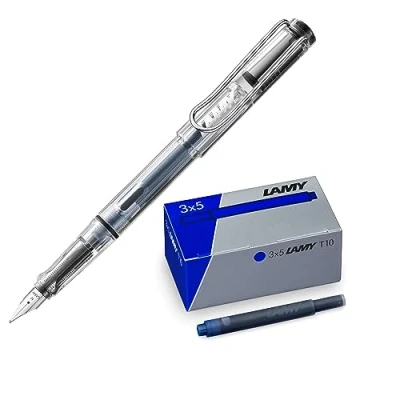 Immagine di Lamy set di 1 penna stilografica Safari Vista trasparente, pennino M e 3 cartucce d&#039;inchiostro T10, in confezione originale colore inchiostro blu