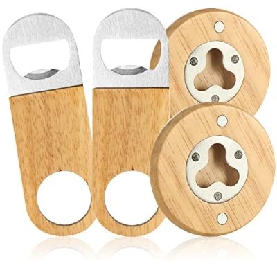 Immagine di com four® 4X apribottiglie in Acciaio Inossidabile con Un Pratico Manico Legno Naturale dal Design Semplice (4 Pezzi 2X Piatto Tondo)